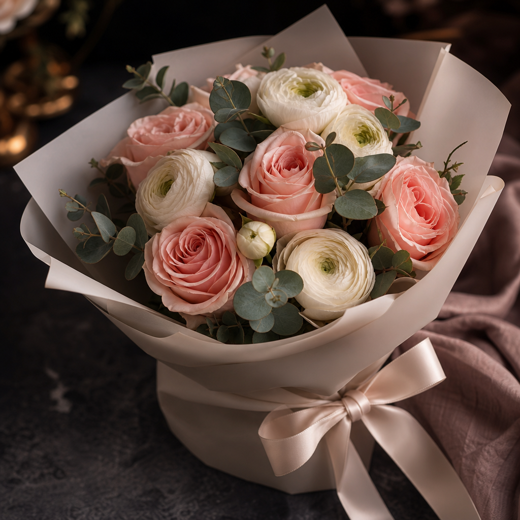 Compact bouquet of blush pink roses and white ranunculus wrapped in ivory paper with a satin ribbon