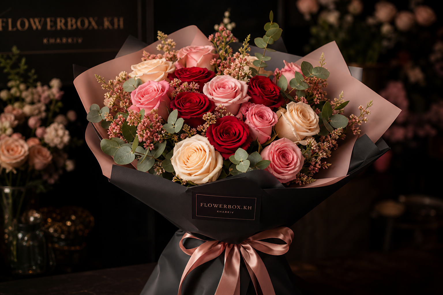 Premium bouquet of red, pink, and cream roses with pastel accents in elegant wrapping