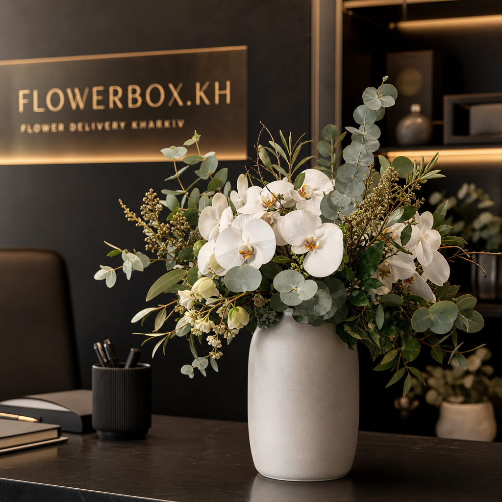 Modern office arrangement with white orchids, eucalyptus, and soft greenery in a matte ceramic vase