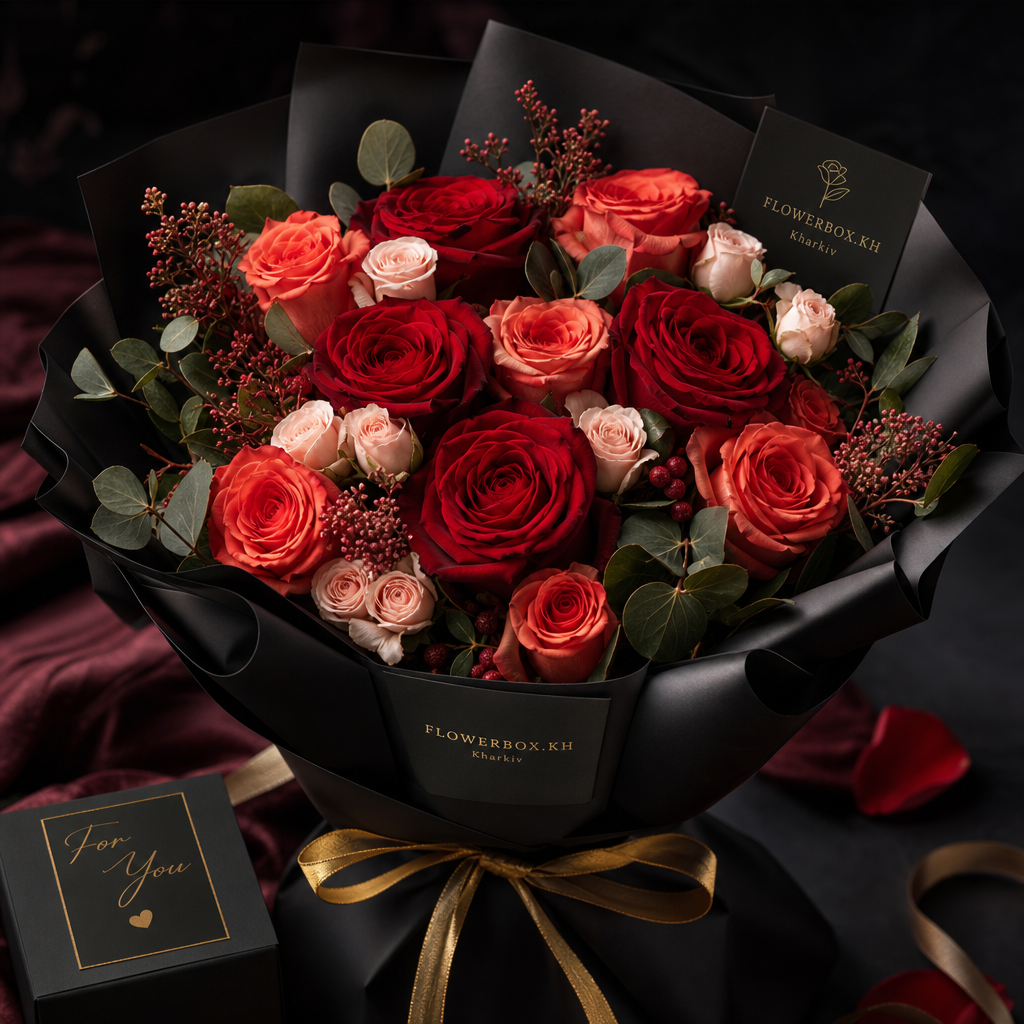 Vibrant red and coral rose bouquet in black premium wrap with gold ribbon, styled as a surprise gift