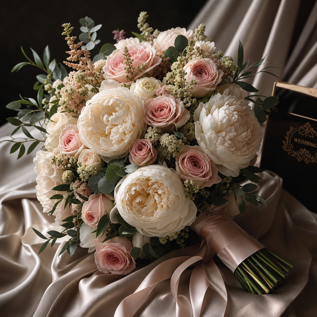 Luxurious ivory and pastel pink wedding bouquet with peonies and roses styled on satin fabric