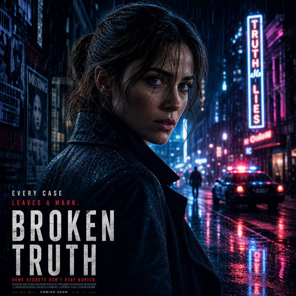 Moody cinematic poster showing a determined female detective in a dark rain-soaked city, neon reflections on wet streets