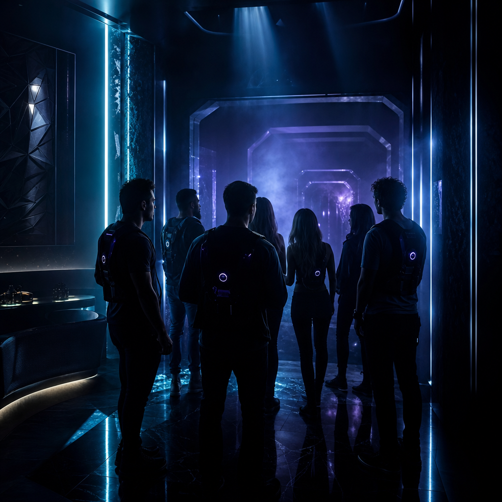 Curated private immersive horror event space with dramatic light beams, silhouetted guests, and sensory-tech ambience