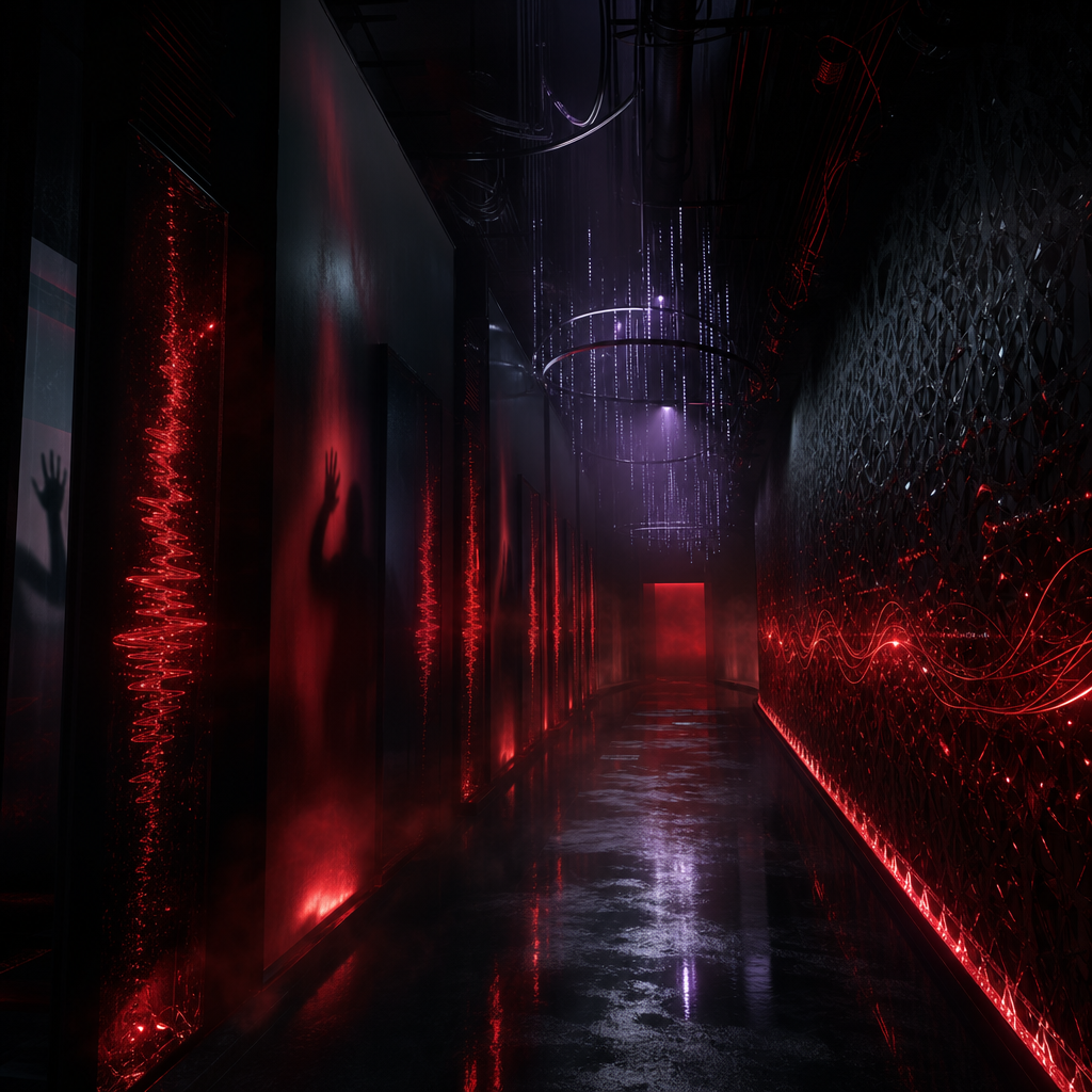 Cinematic sensory-horror corridor with shadowy architecture, cyan atmospheric haze, subtle waveform light traces, and upscale immersive-tech mood