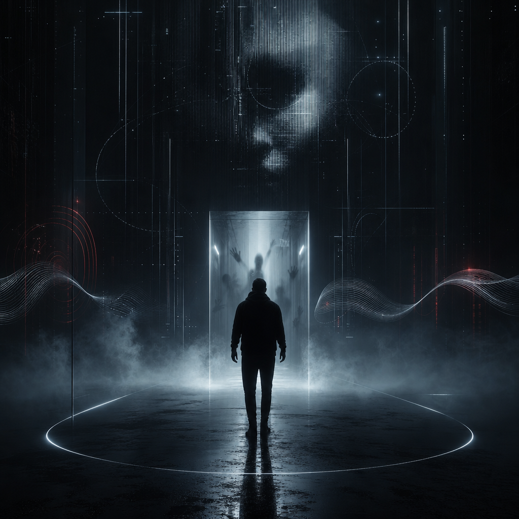 Cinematic horror atmosphere with a silhouetted guest, glowing overlays, and immersive ambient lighting