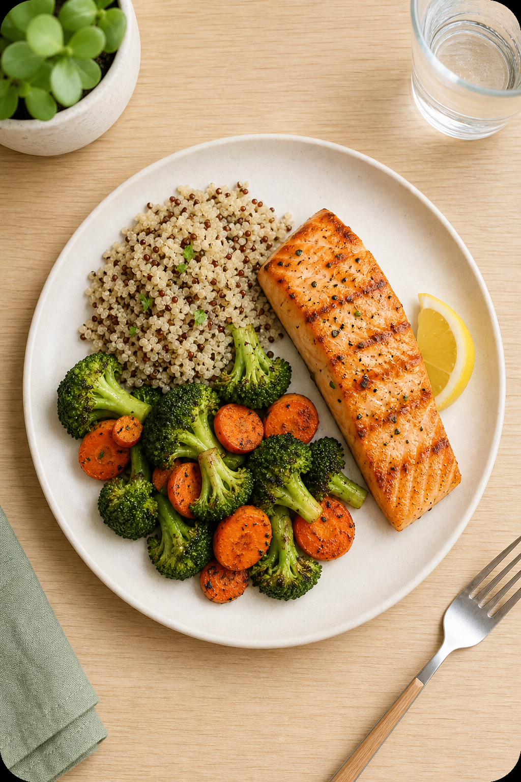 Top-down dinner plate with grilled salmon, quinoa, and roasted vegetables on a light wood table