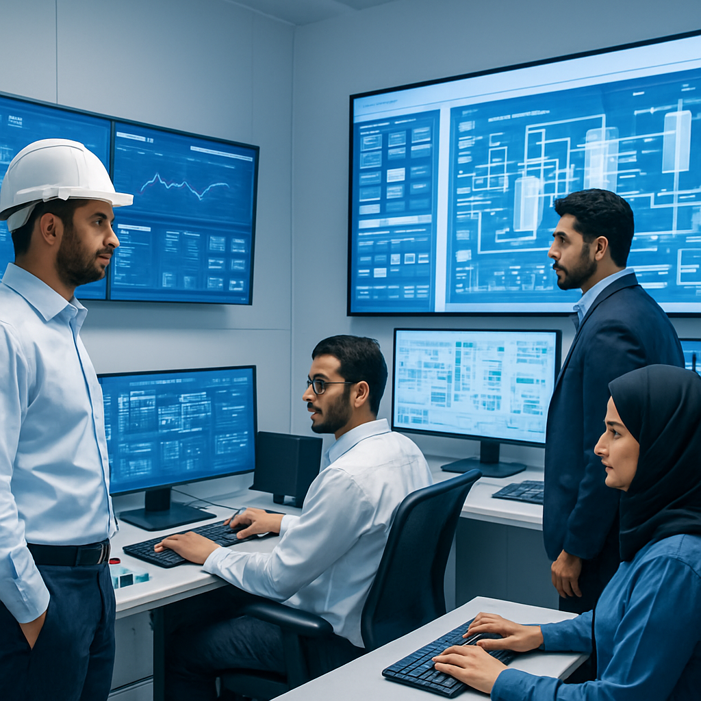 فريق مهندسين وتقنيين في غرفة تحكم حديثة يتابعون شاشات أتمتة صناعية زرقاء