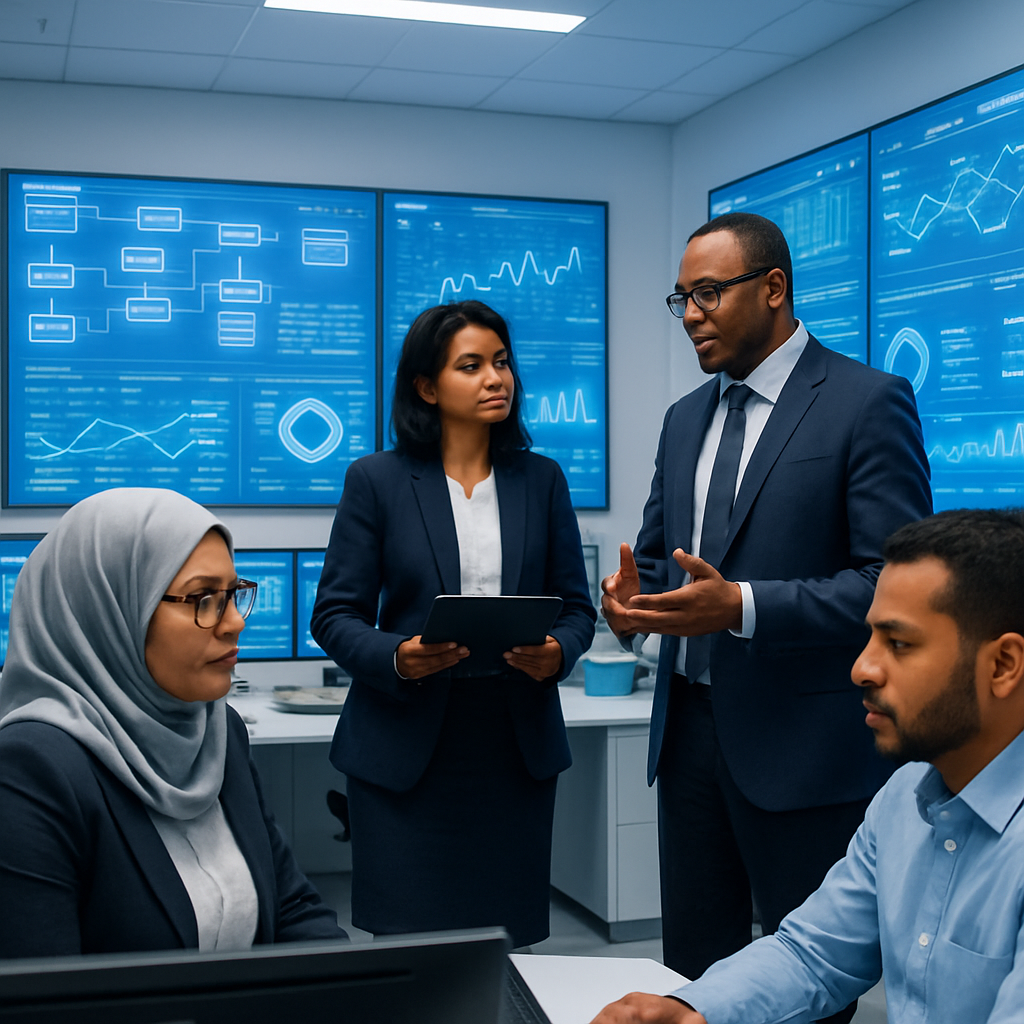 فريق مهندسين وتقنيين في غرفة تحكم حديثة يتابعون شاشات أتمتة صناعية زرقاء