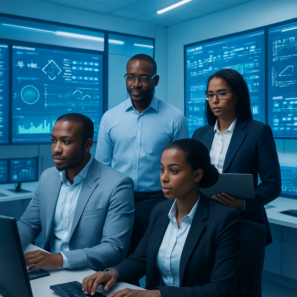 فريق مهندسين وتقنيين في غرفة تحكم حديثة يتابعون شاشات أتمتة صناعية زرقاء