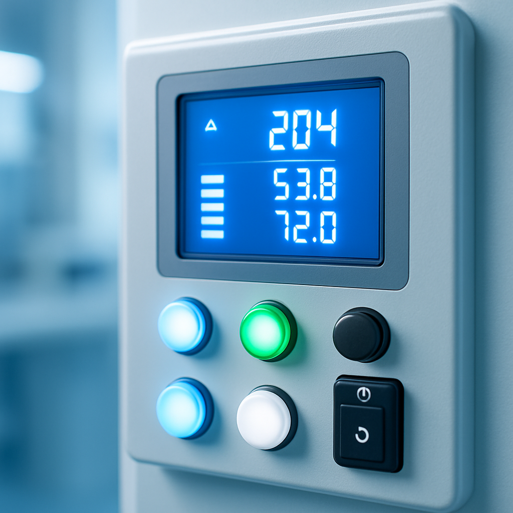 لقطة مقربة للوحة تحكم صناعية بأزرار مضيئة وشاشة رقمية زرقاء توضح مؤشرات الحالة