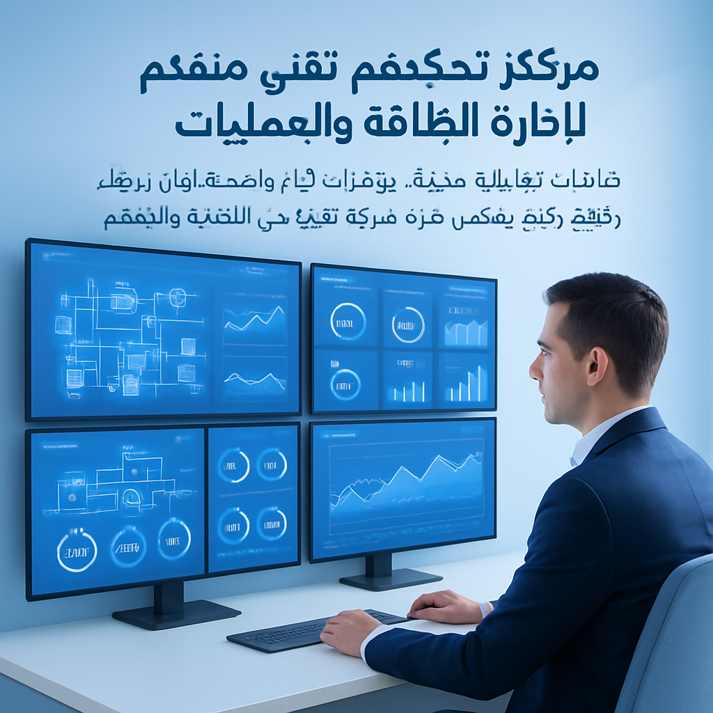 شاشة تحكم طاقة حديثة تعرض مخططات تشغيل وشبكات تكامل أنظمة داخل غرفة عمليات تقنية