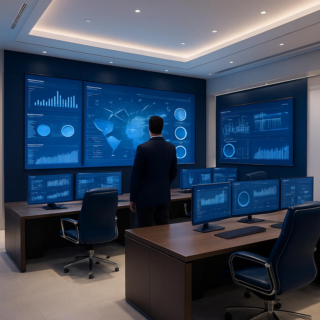 شاشة تحكم طاقة حديثة تعرض مخططات تشغيل وشبكات تكامل أنظمة داخل غرفة عمليات تقنية