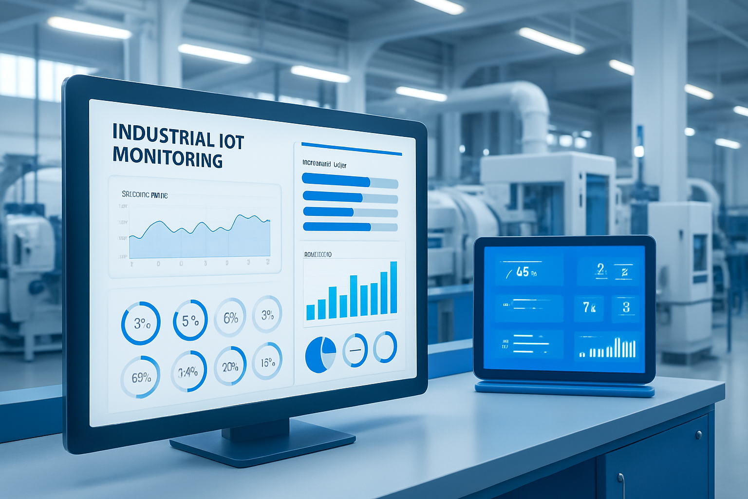 منصة مراقبة صناعية تعرض حساسات وإنترنت الأشياء ولوحات بيانات تشغيلية في بيئة مصنع حديث
