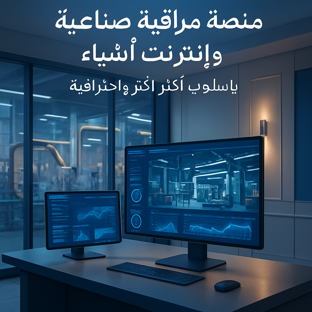 منصة مراقبة صناعية تعرض حساسات وإنترنت الأشياء ولوحات بيانات تشغيلية في بيئة مصنع حديث