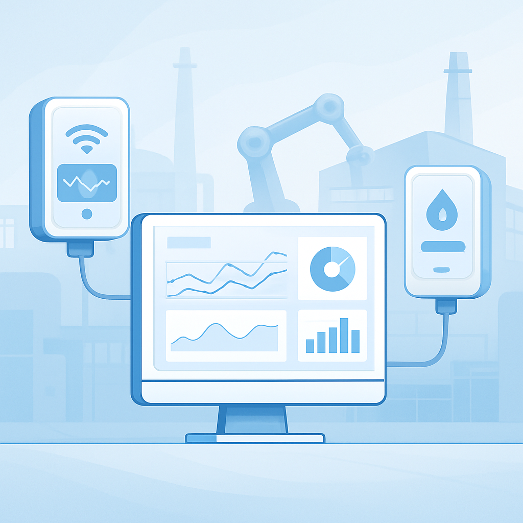 منصة مراقبة صناعية تعرض حساسات وإنترنت الأشياء ولوحات بيانات تشغيلية في بيئة مصنع حديث