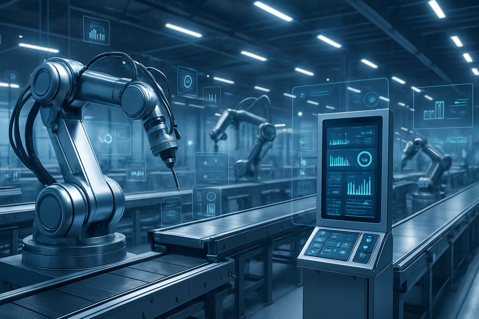 خط إنتاج صناعي ذكي مع حساسات وإنترنت الأشياء في بيئة تقنية حديثة