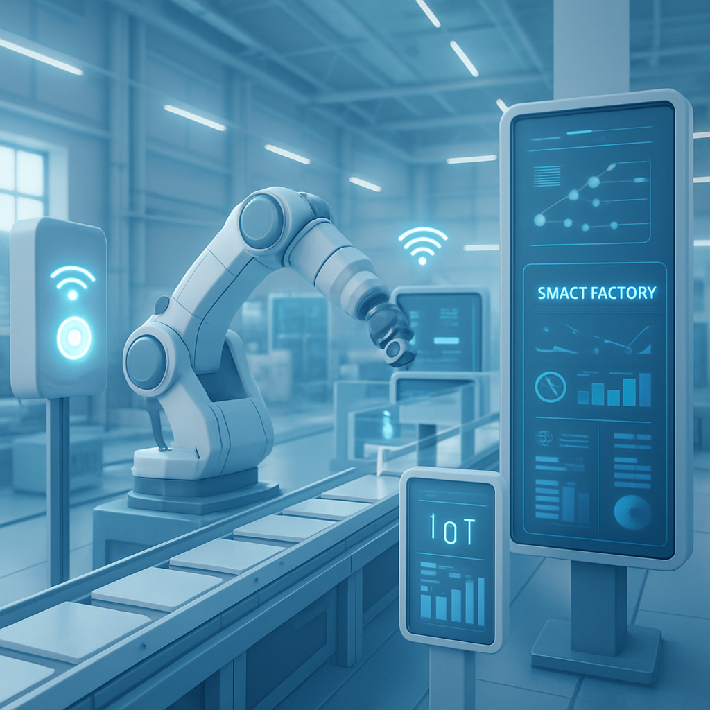 خط إنتاج صناعي ذكي مع حساسات وإنترنت الأشياء في بيئة تقنية حديثة