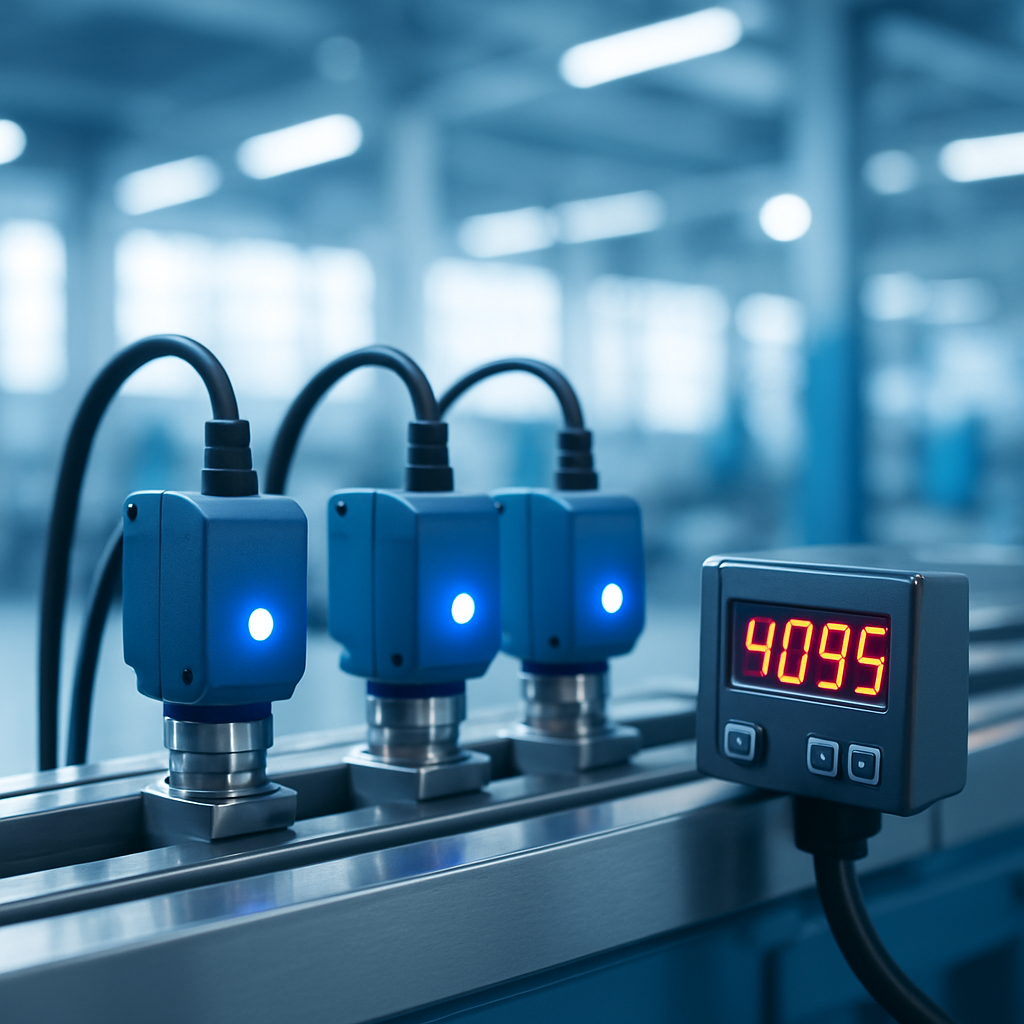 مجموعة حساسات صناعية متصلة على خط إنتاج مع لمبات حالة زرقاء ولوحة قراءة رقمية