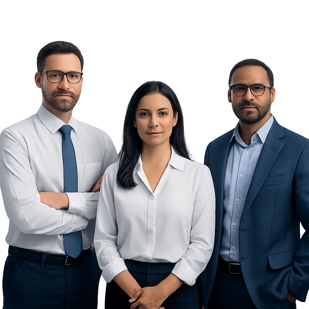 فريق قيادة تنفيذي أمام شاشات تحليلية زرقاء في غرفة عرض بيانات حديثة