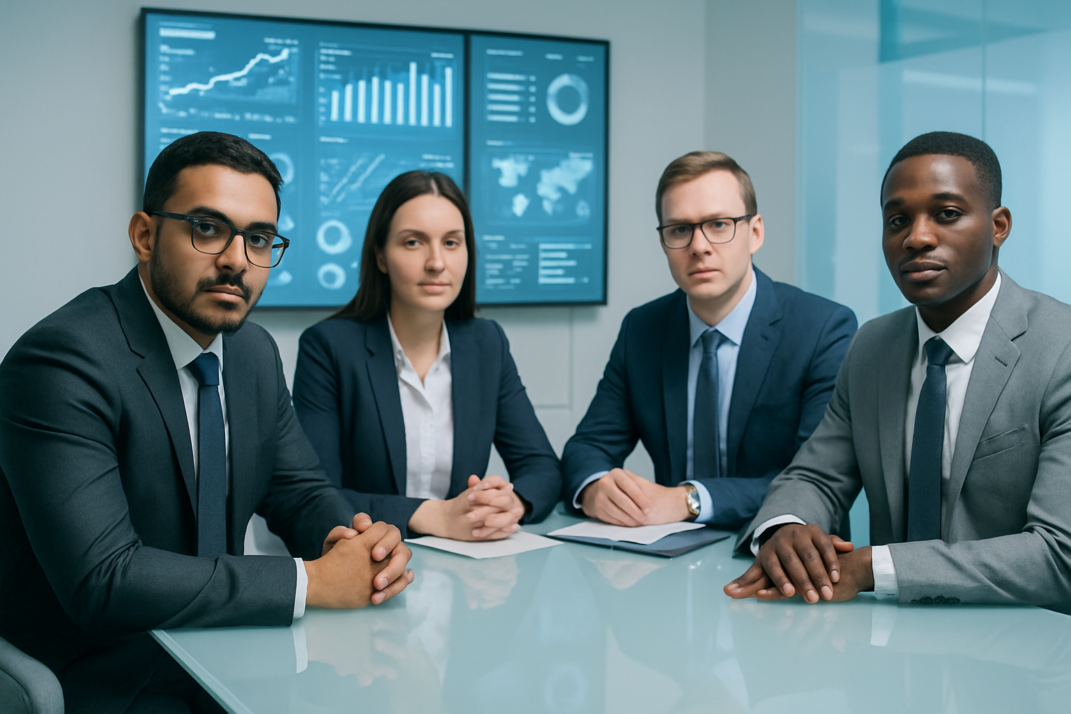 اجتماع لفريق قيادي تقني في غرفة حديثة مع شاشات بيانات ولوحات رقمية في الخلفية