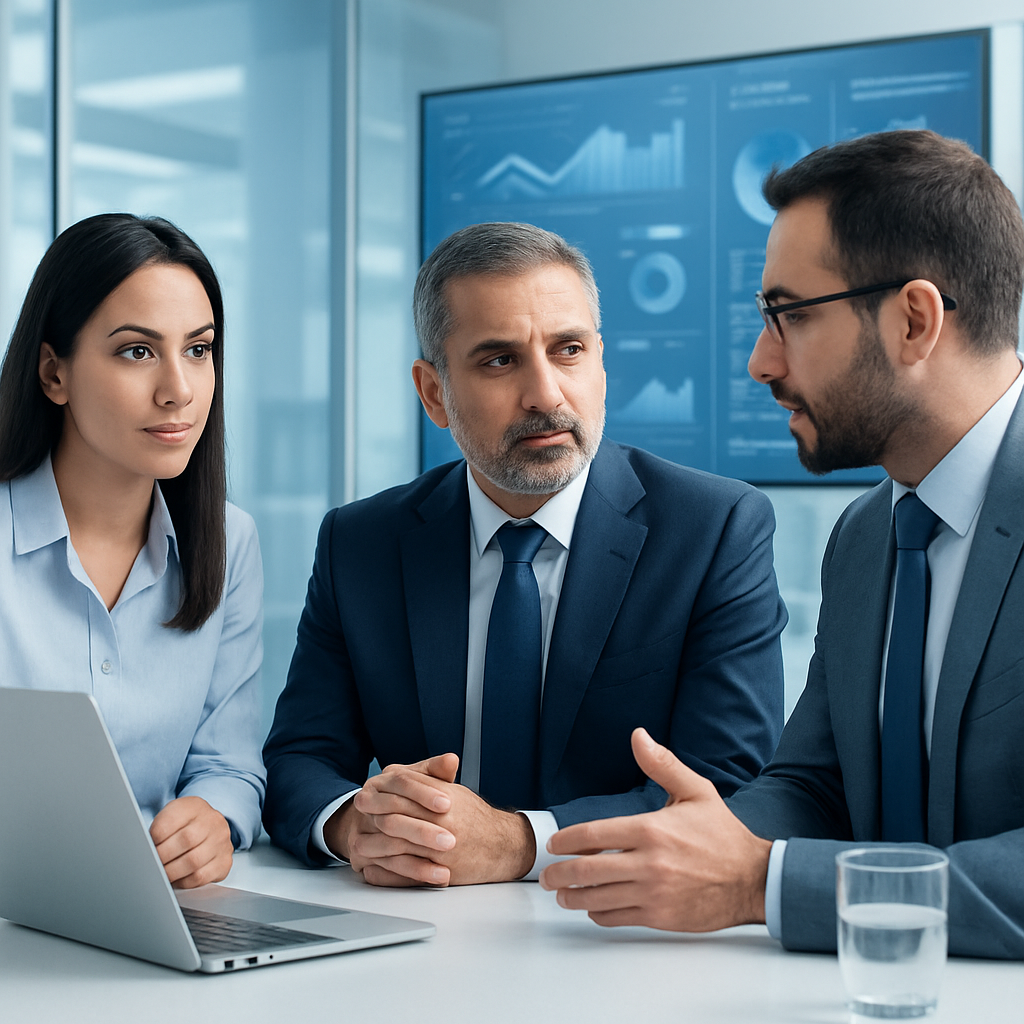 اجتماع لفريق قيادي تقني في غرفة حديثة مع شاشات بيانات ولوحات رقمية في الخلفية