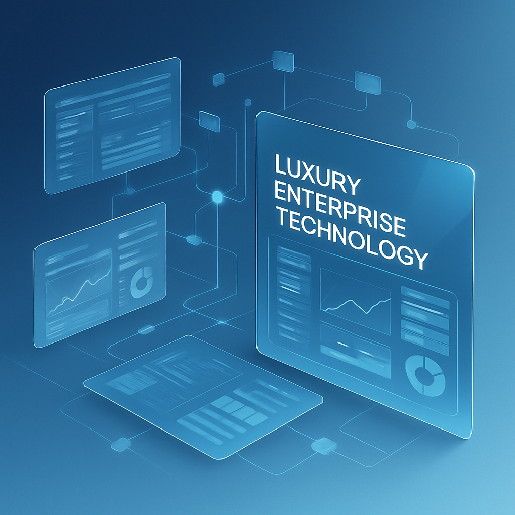 واجهة رقمية تعرض تكامل أنظمة متعددة وشاشات بيانات مترابطة بألوان زرقاء وبيضاء