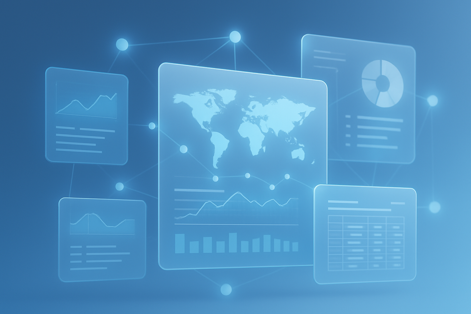 واجهة رقمية تعرض تكامل أنظمة متعددة وشاشات بيانات مترابطة بألوان زرقاء وبيضاء