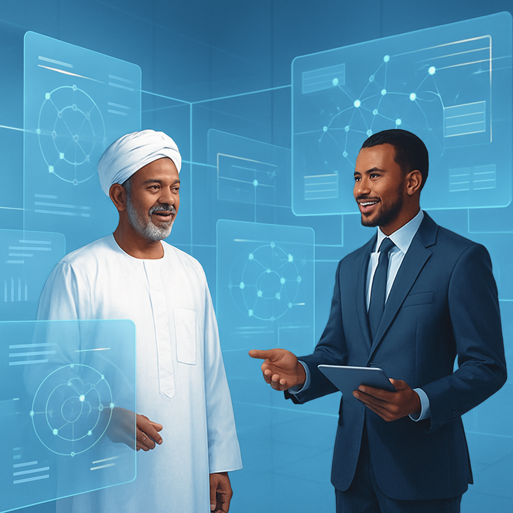 واجهة رقمية تعرض تكامل أنظمة متعددة وشاشات بيانات مترابطة بألوان زرقاء وبيضاء