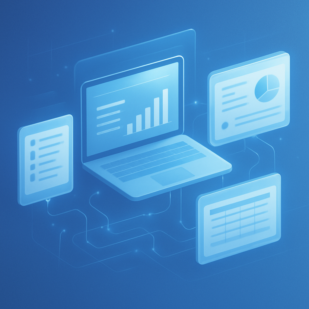 واجهة رقمية تعرض تكامل أنظمة متعددة وشاشات بيانات مترابطة بألوان زرقاء وبيضاء