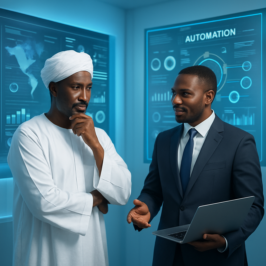 لوحة تحكم رقمية حديثة تعرض مؤشرات أداء وأتمتة عمليات بألوان زرقاء وبيضاء