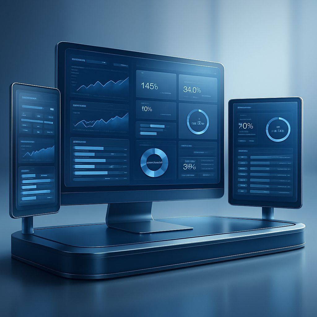 لوحة تحكم رقمية حديثة تعرض مؤشرات أداء وأتمتة عمليات بألوان زرقاء وبيضاء