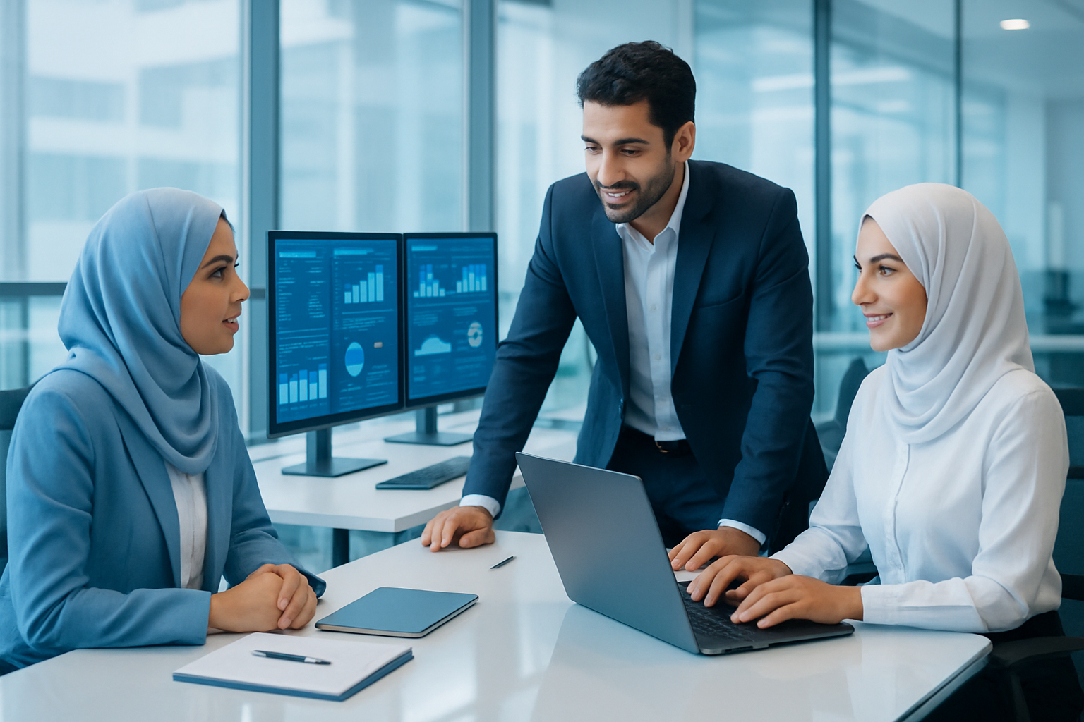 فريق عمل تقني في بيئة رقمية حديثة مع شاشات بيانات، إضاءة نظيفة، طابع مؤسسي فاخر بألوان زرقاء وبيضاء وإحساس بالثقة والابتكار