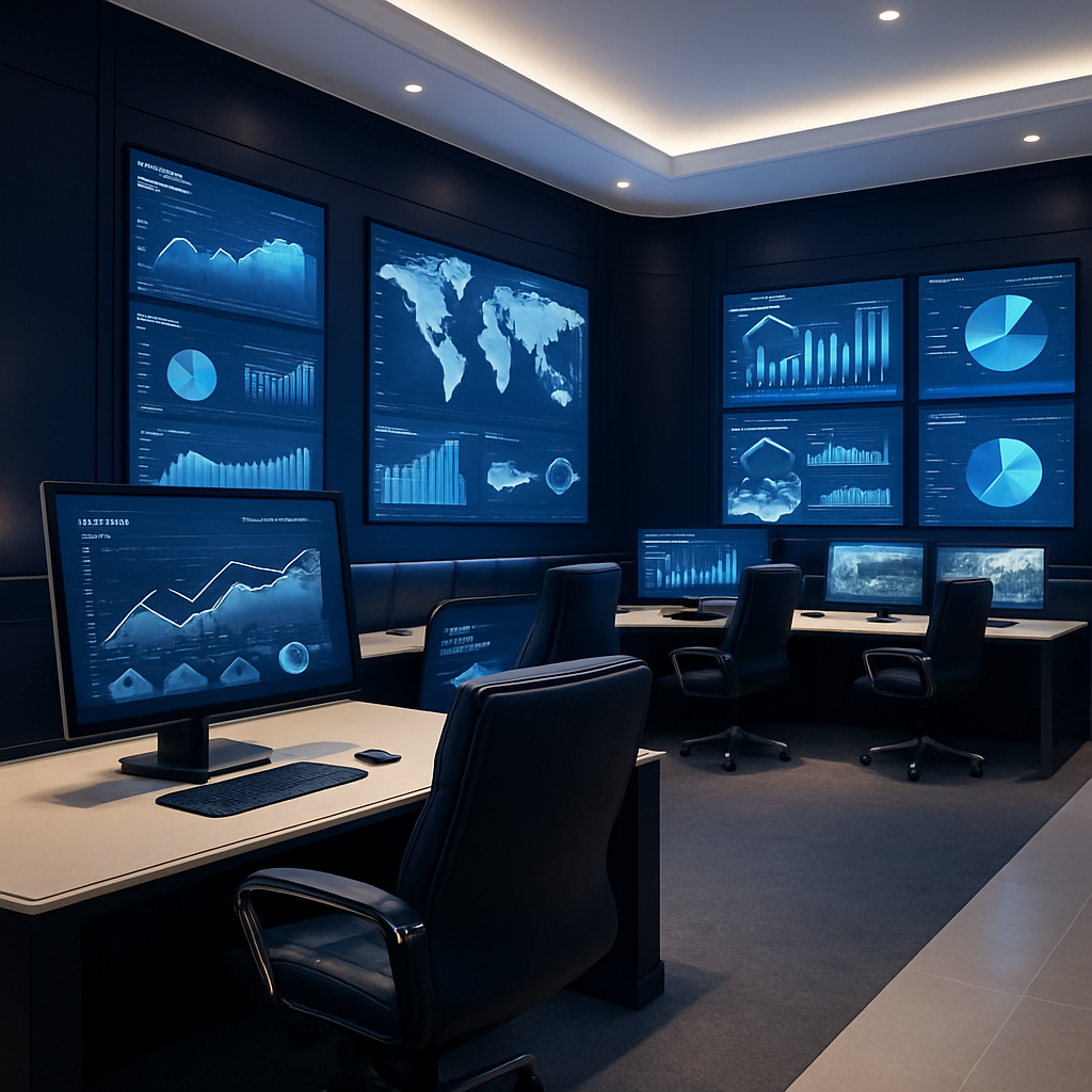 مركز عمليات للمرافق العامة مع شاشات تعرض تدفق الطاقة والمياه ولوحات تحكم رقمية متكاملة