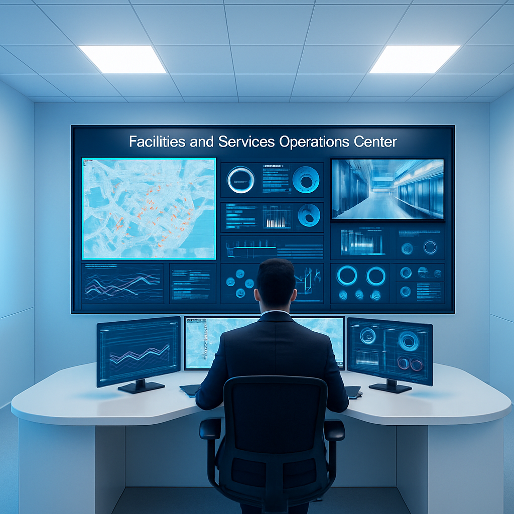 مركز عمليات للمرافق العامة مع شاشات تعرض تدفق الطاقة والمياه ولوحات تحكم رقمية متكاملة