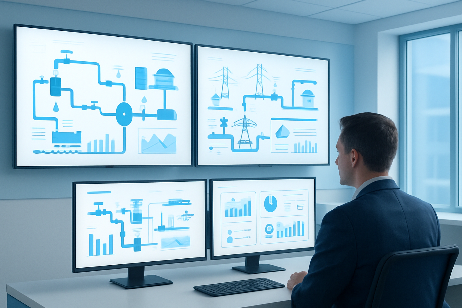 مركز عمليات للمرافق العامة مع شاشات تعرض تدفق الطاقة والمياه ولوحات تحكم رقمية متكاملة