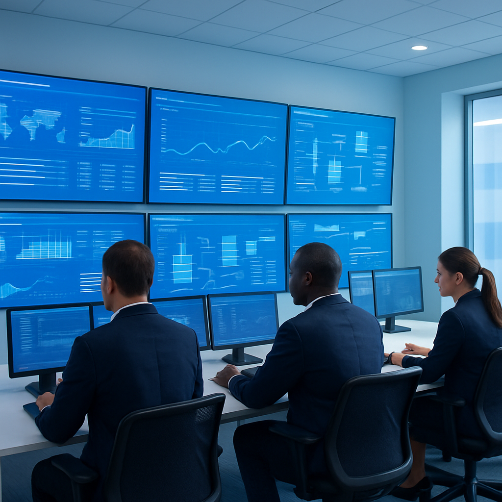 بيئة غرفة تحكم مرافق حديثة مع شاشات متعددة ومشغلين يراقبون بيانات تشغيلية زرقاء