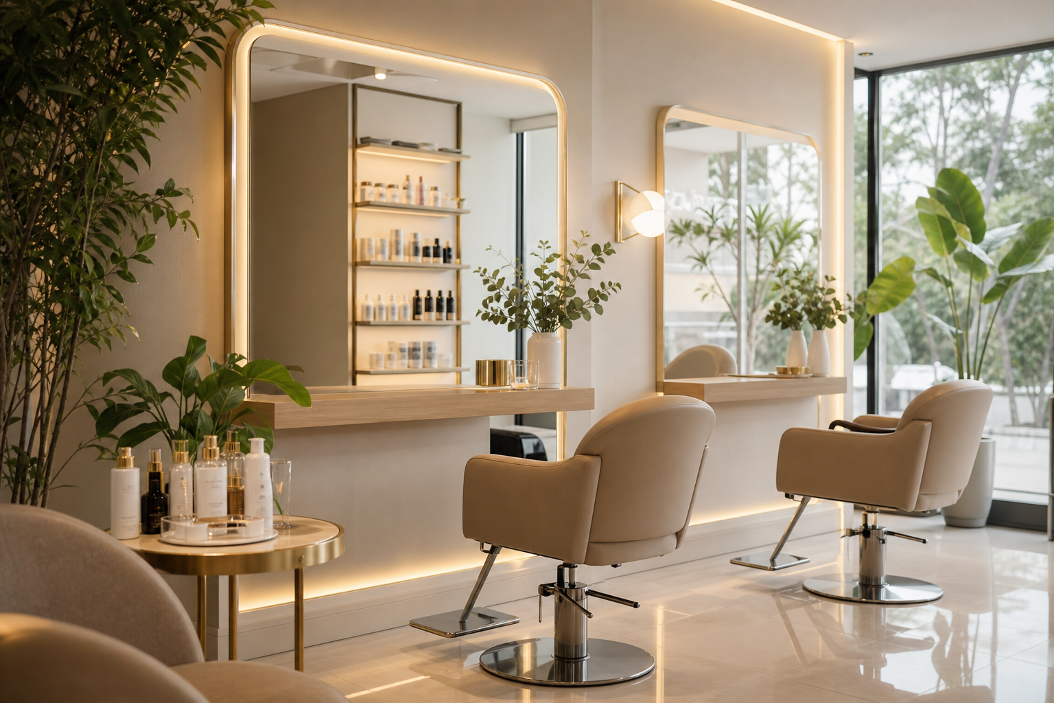 Interior acogedor de salón capilar premium con espejos amplios, estaciones limpias y luz cálida natural