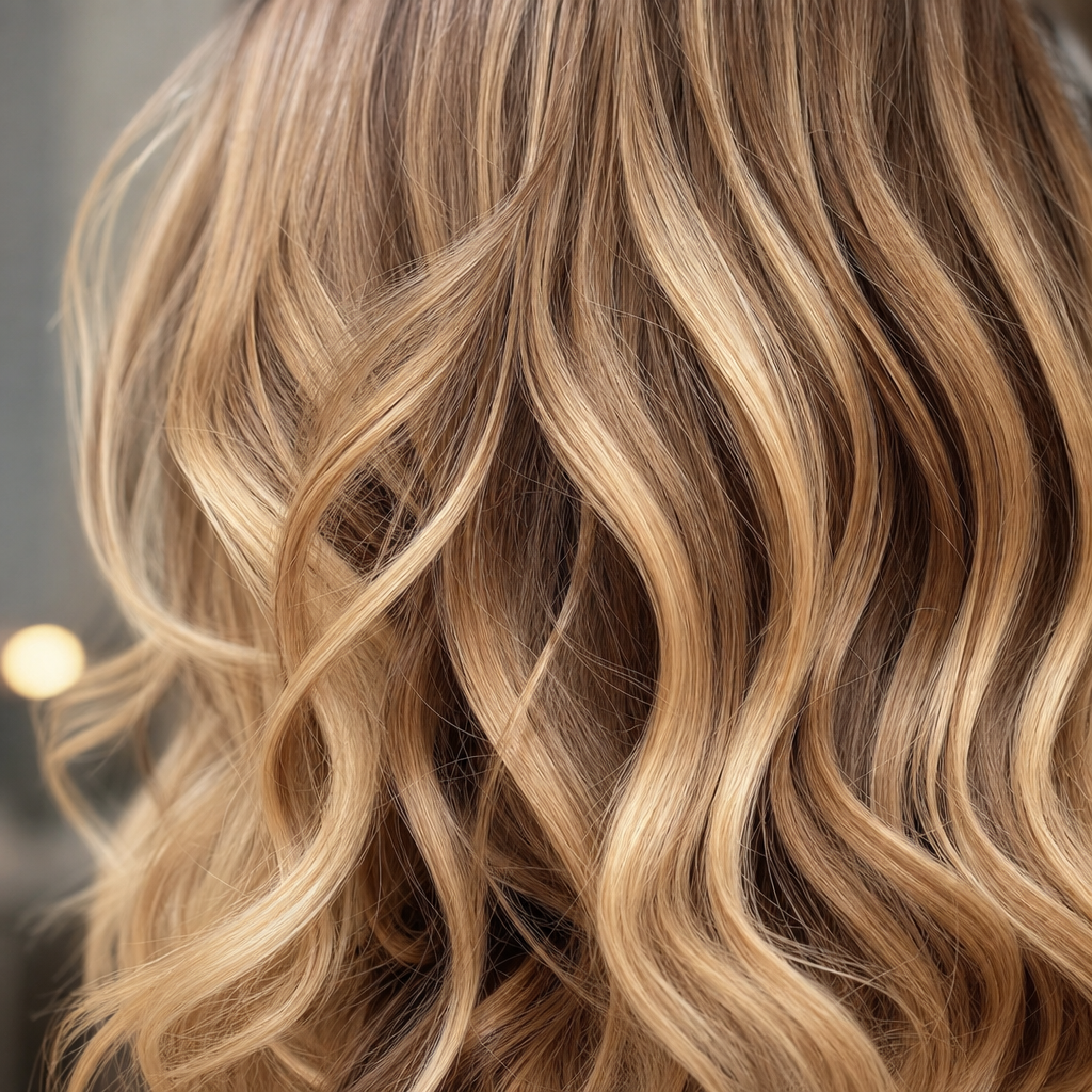 Detalle de textura capilar con ondas definidas y alto brillo