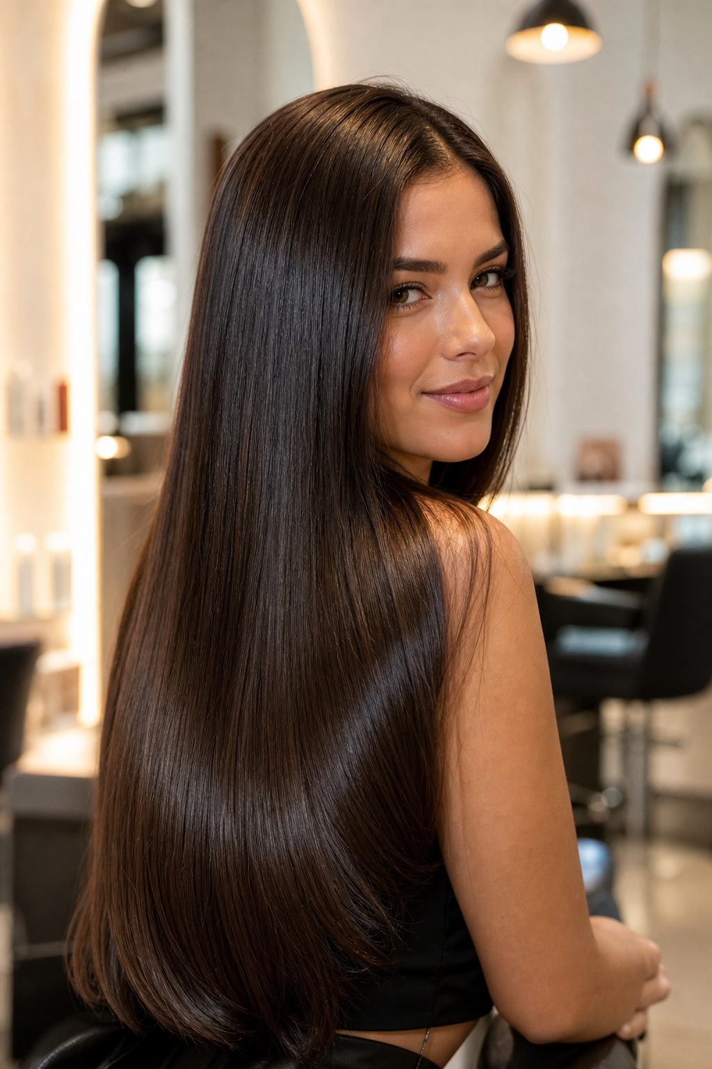 Mujer con cabello largo, liso y brillante en un salón elegante con luz cálida