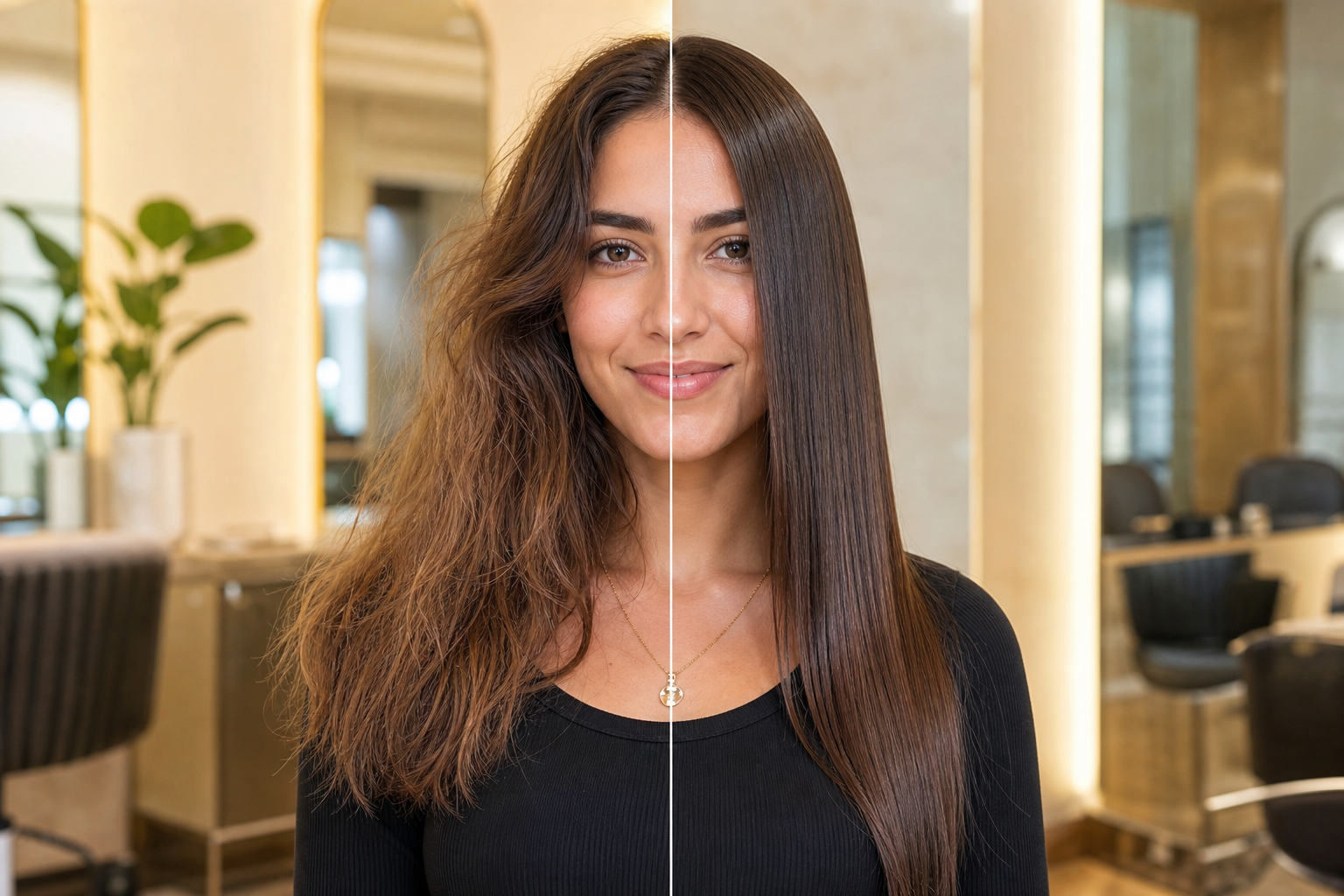 Transformación capilar con antes y después, cabello liso brillante y color uniforme