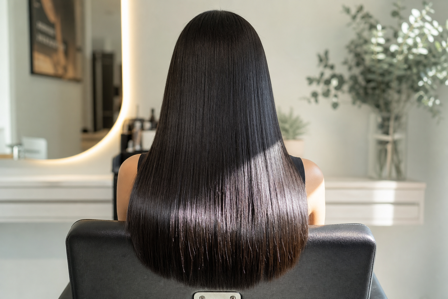 Acabado profesional de espalda con cabello largo y definido después del servicio