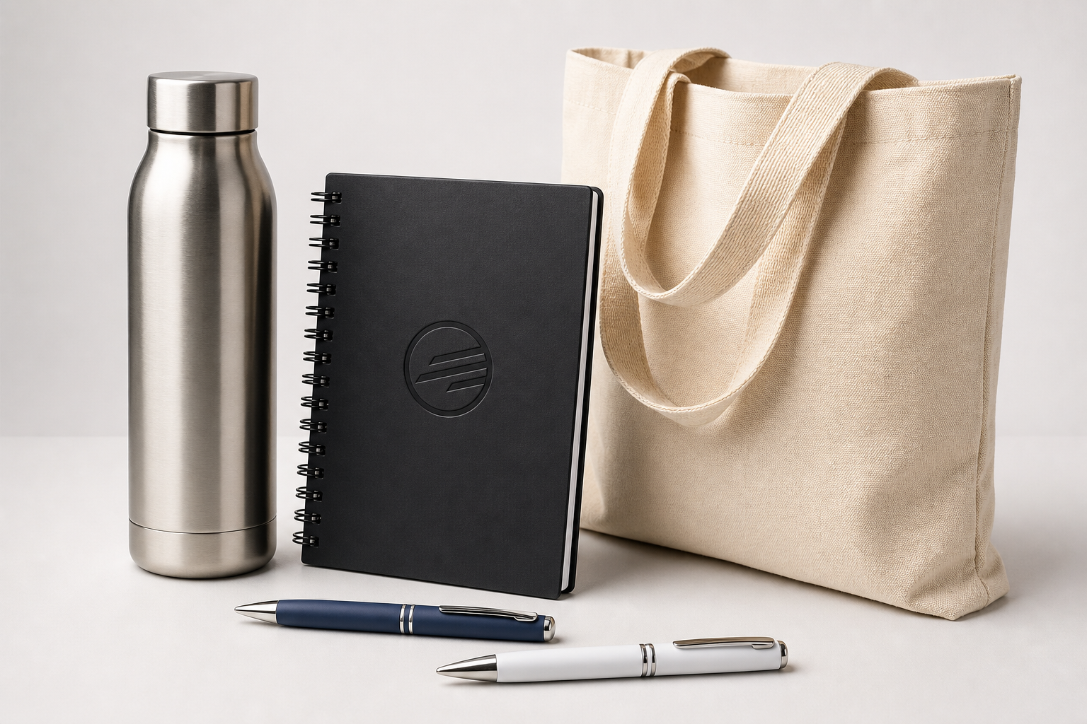 Selección de artículos publicitarios modernos con botellas térmicas, libretas, bolsas de tela y bolígrafos personalizados