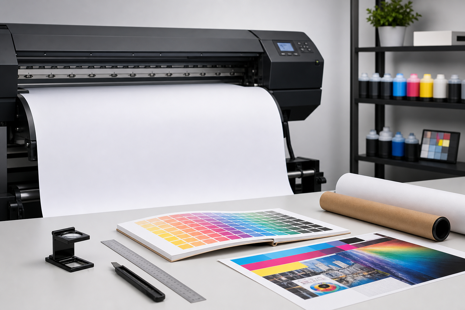 Mesa de trabajo de impresión con hojas grandes y herramientas de color