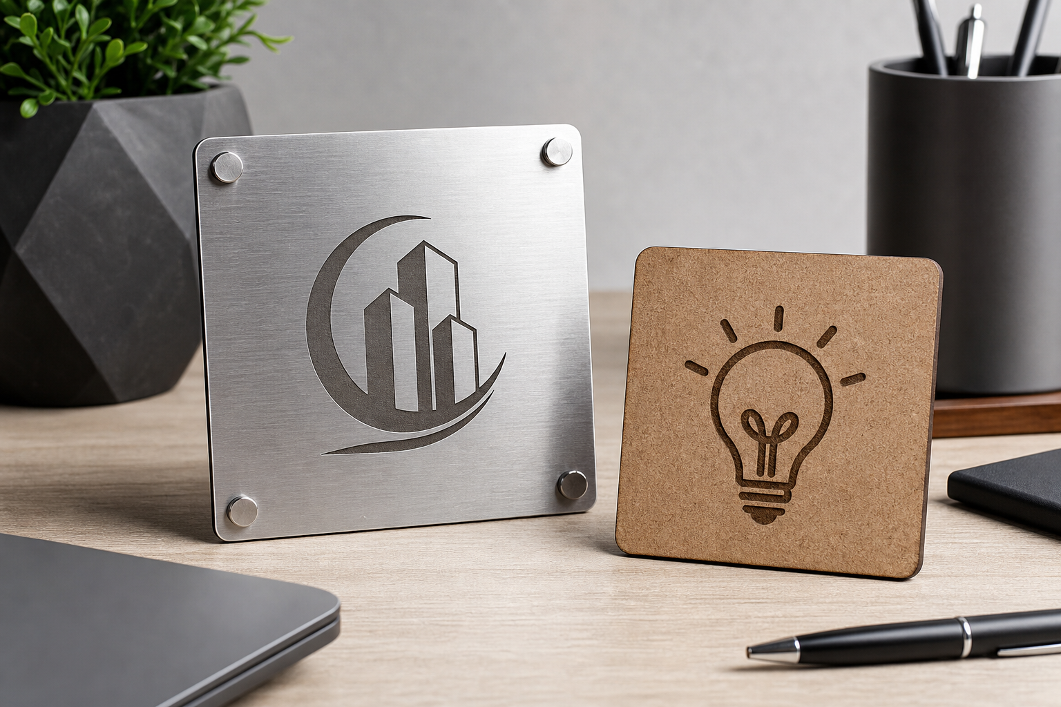 Muestra de grabado le1ser sobre placa mete1lica y MDF en un escritorio moderno