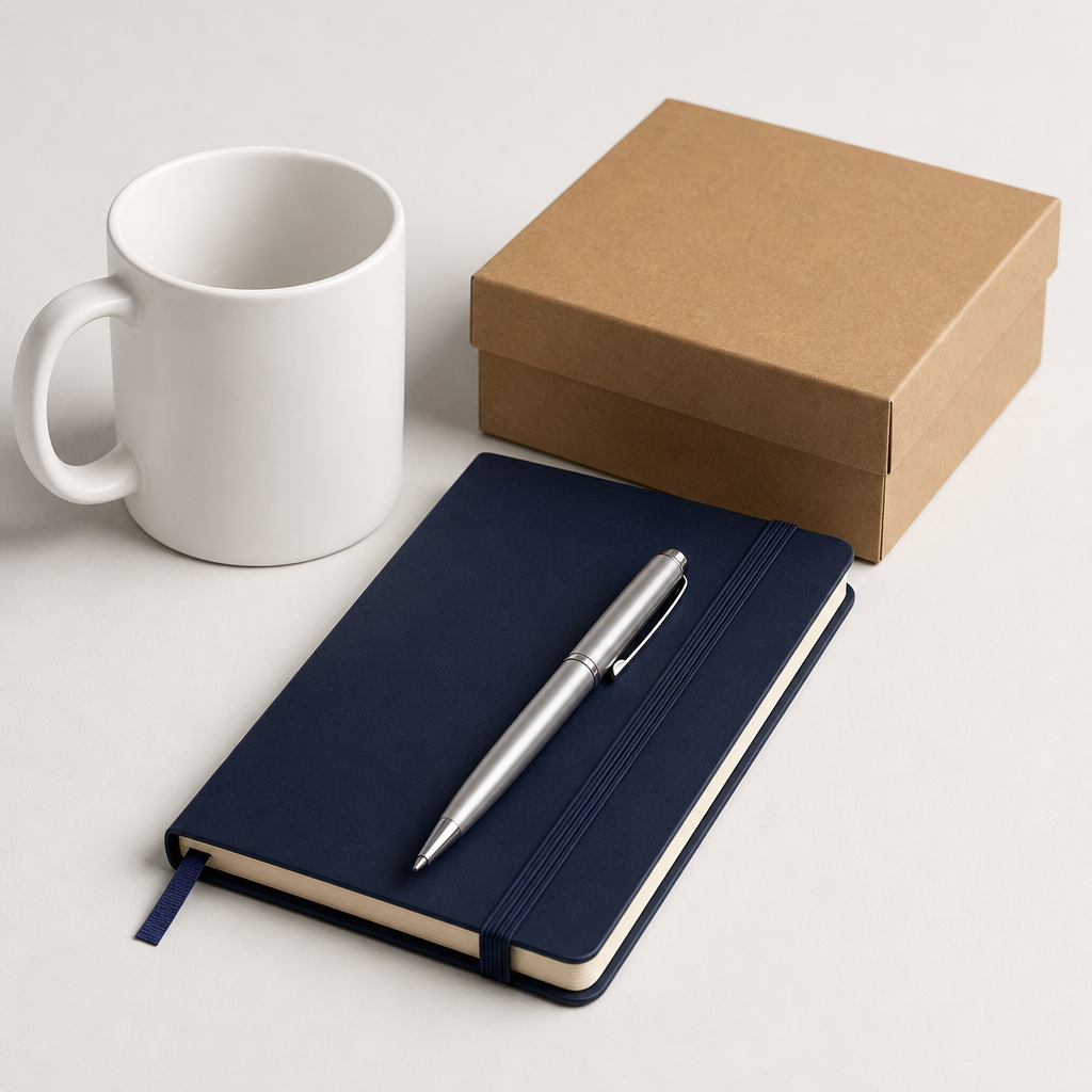 Muestra de artículos publicitarios variados como tazas, libretas y bolígrafos con acabado moderno
