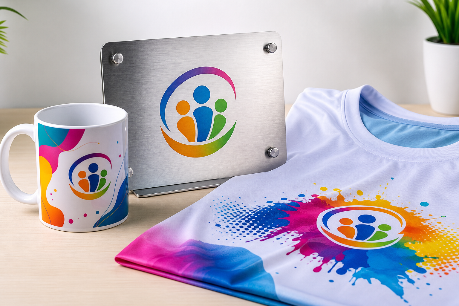 Muestrario moderno de productos sublimados como tazas, placas de aluminio y textiles con colores vivos