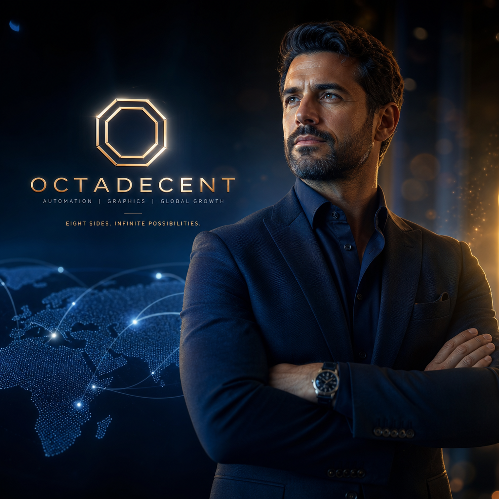 Cinematic founder portrait with blue-gold rim lighting and a sleek executive silhouette