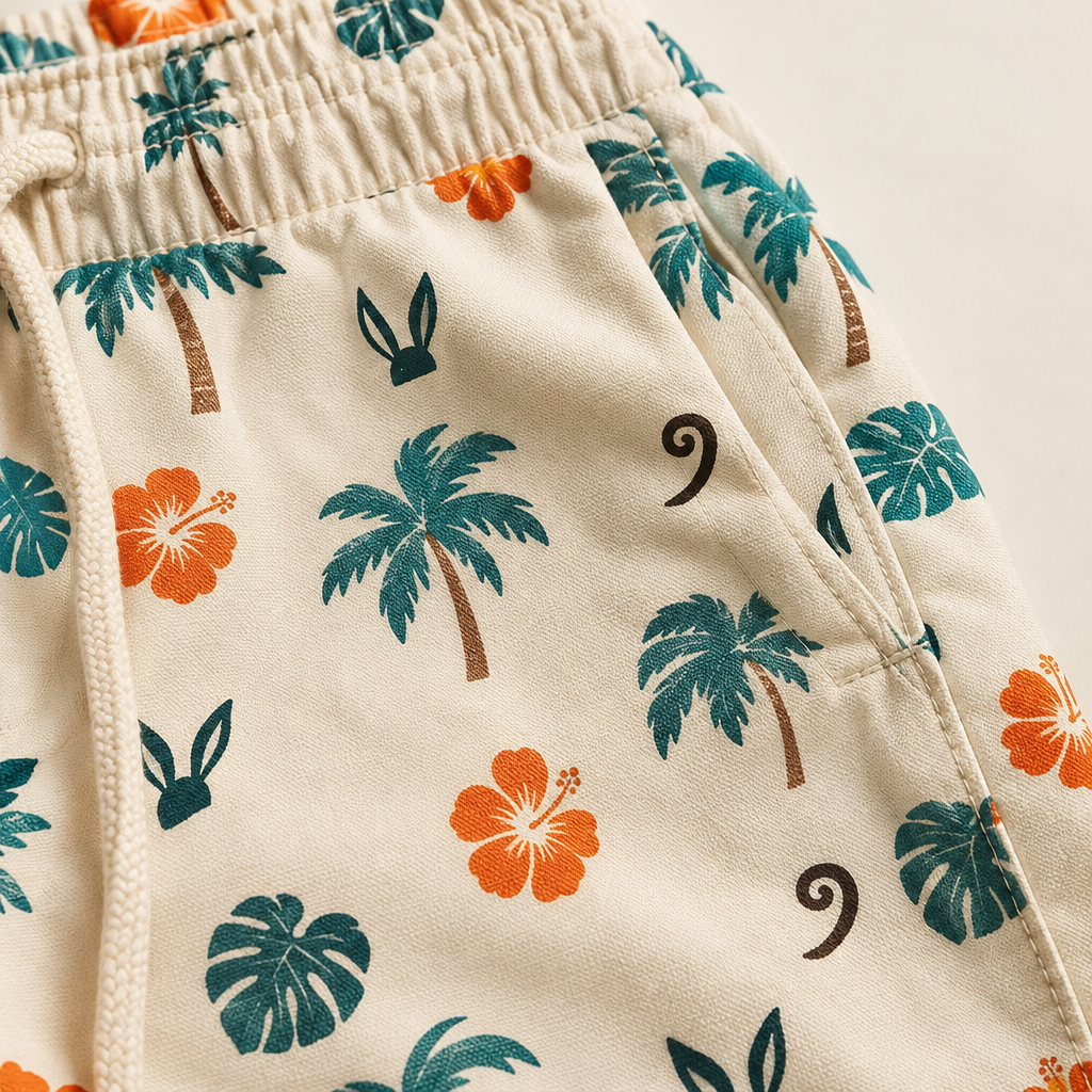 Placeholder close-up of Bahama pants fabric print with tiny character motif details