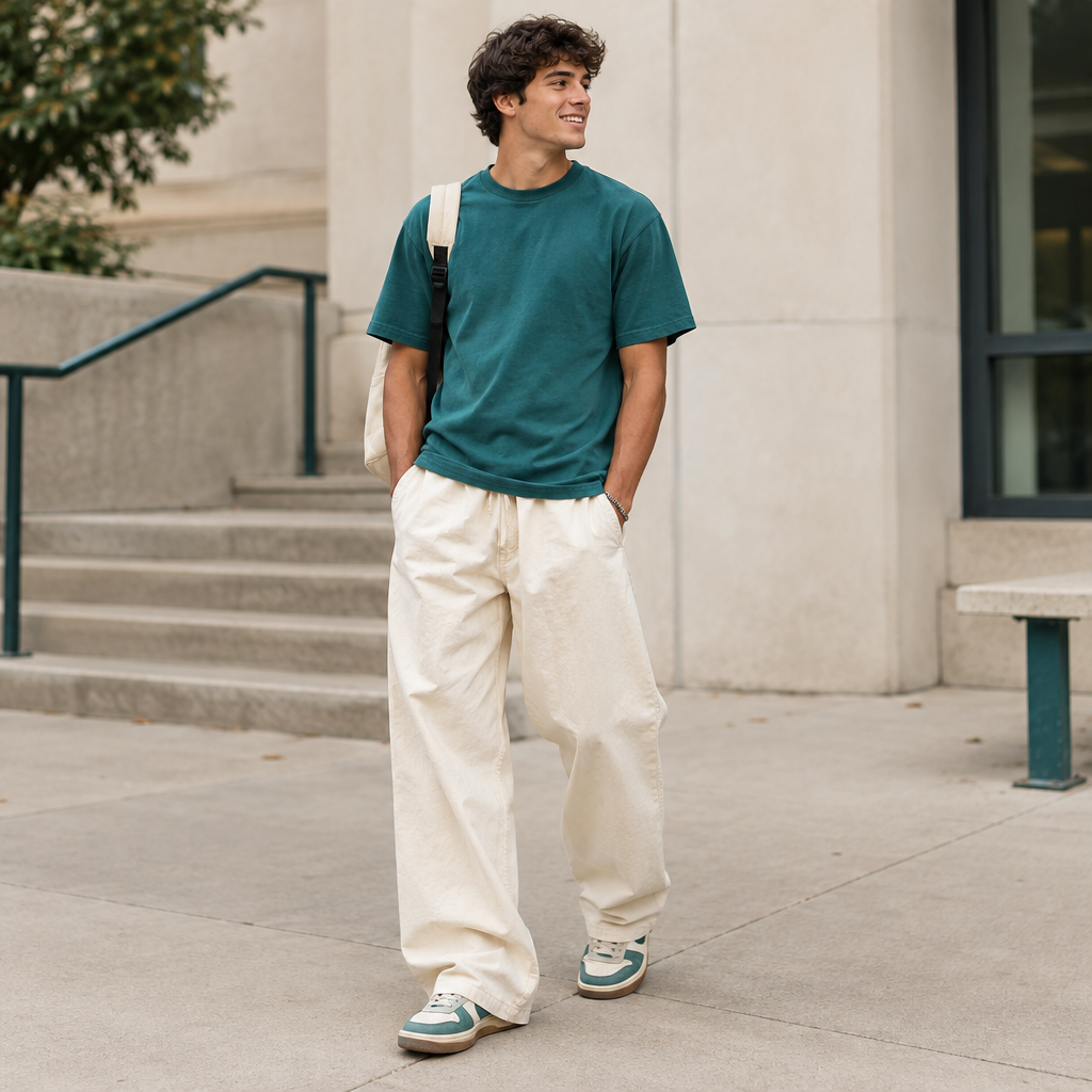 Relaxed wide-fit cream Bahama pants shown in a real campus street-snap stance, light urban neutral backdrop, natural movement, fabric drape clarity, subtle teal and warm orange accent styling