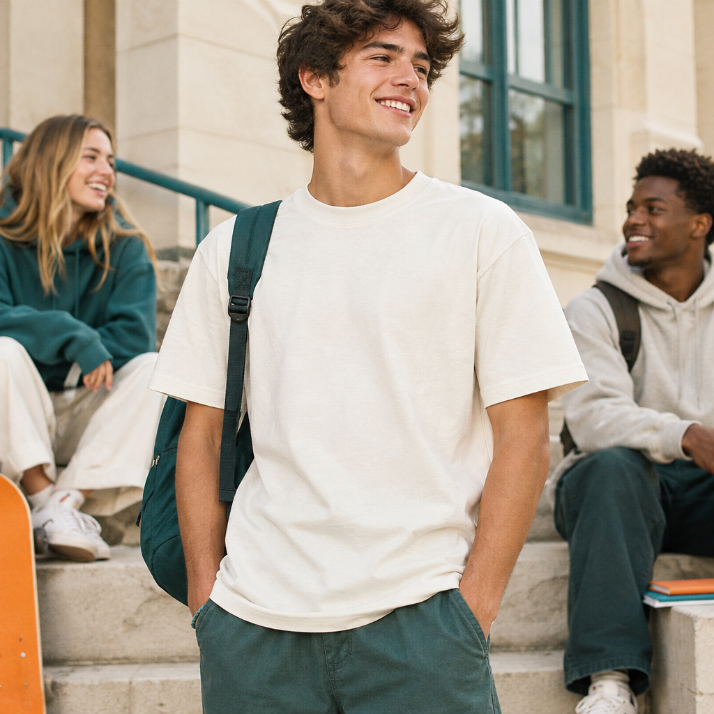 Premium off-white streetwear tee styled in candid community-photo fashion, clean cream-toned urban background, lightly filmic natural lighting, product-first framing with understated teal-orange accents
